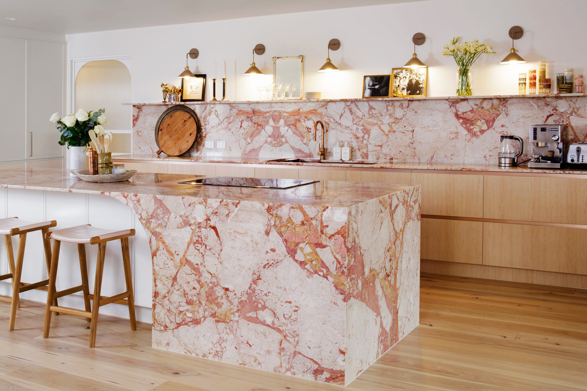 marble benchtops and splashbacks featured in kitchen designed by Wood Marble & White